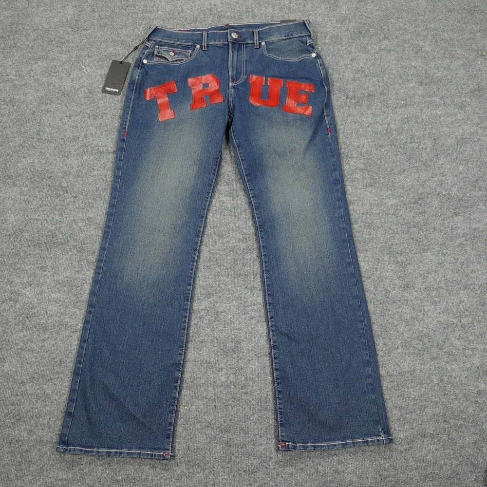 True Religion Jeans Mens 34 Blue Billy Relaxed Bootcut Red Graphic Comet Wash